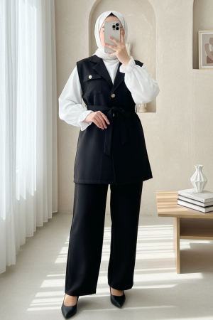 Zero Sleeve Button Front Waist Belted Three Piece Suit -Black