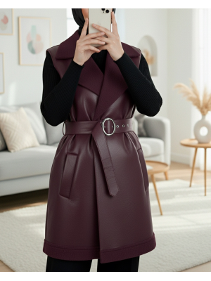 Leather Vest with Thick Belt and Fur Lined Pocket -Damson
