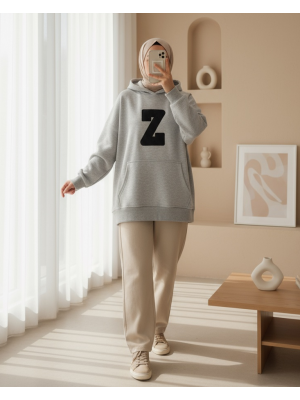 Kanguru Cepli Armalı Kapşonlu Polar Sweat -Gri