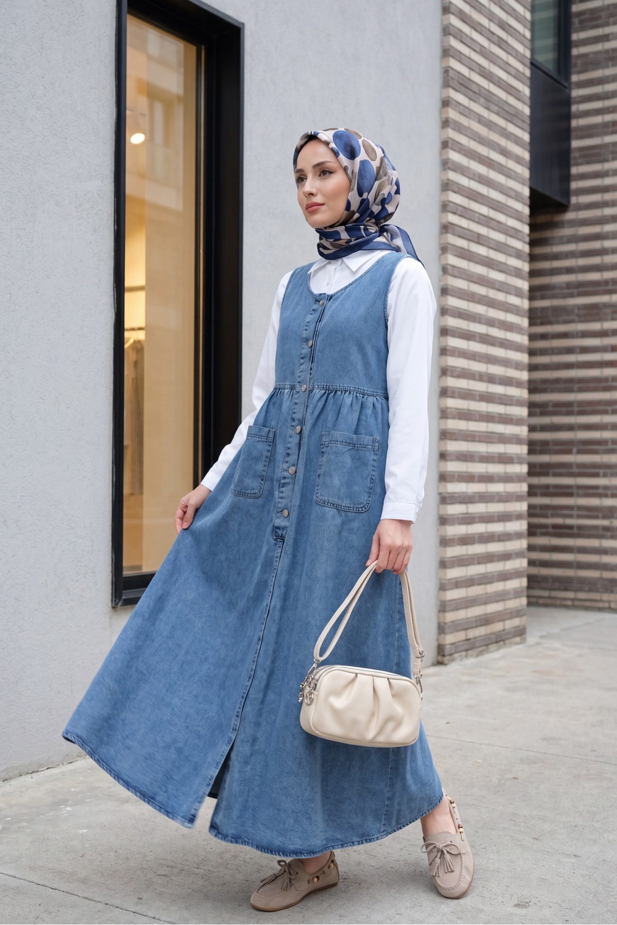 Half Buttoned Double Pocket Zero Sleeve Denim Vest -Ice Blue
