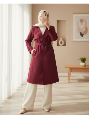 5918 Kruvaze Yaka Trençkot - Bordo