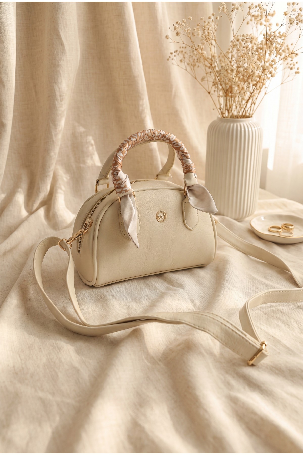 Long-Strap Zippered Bag with Scarf Detail -Cream color