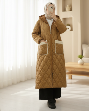 Cepli  Kapşonlu Fermuarlı Astarlı Uzun Kapitone Kaban -Taba