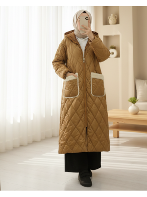 Long Quilted Coat with Pocket, Hood, Zipper and Lining-Snuff
