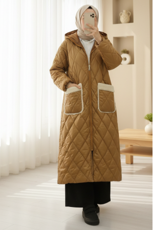 Long Quilted Coat with Pocket, Hood, Zipper and Lining-Snuff