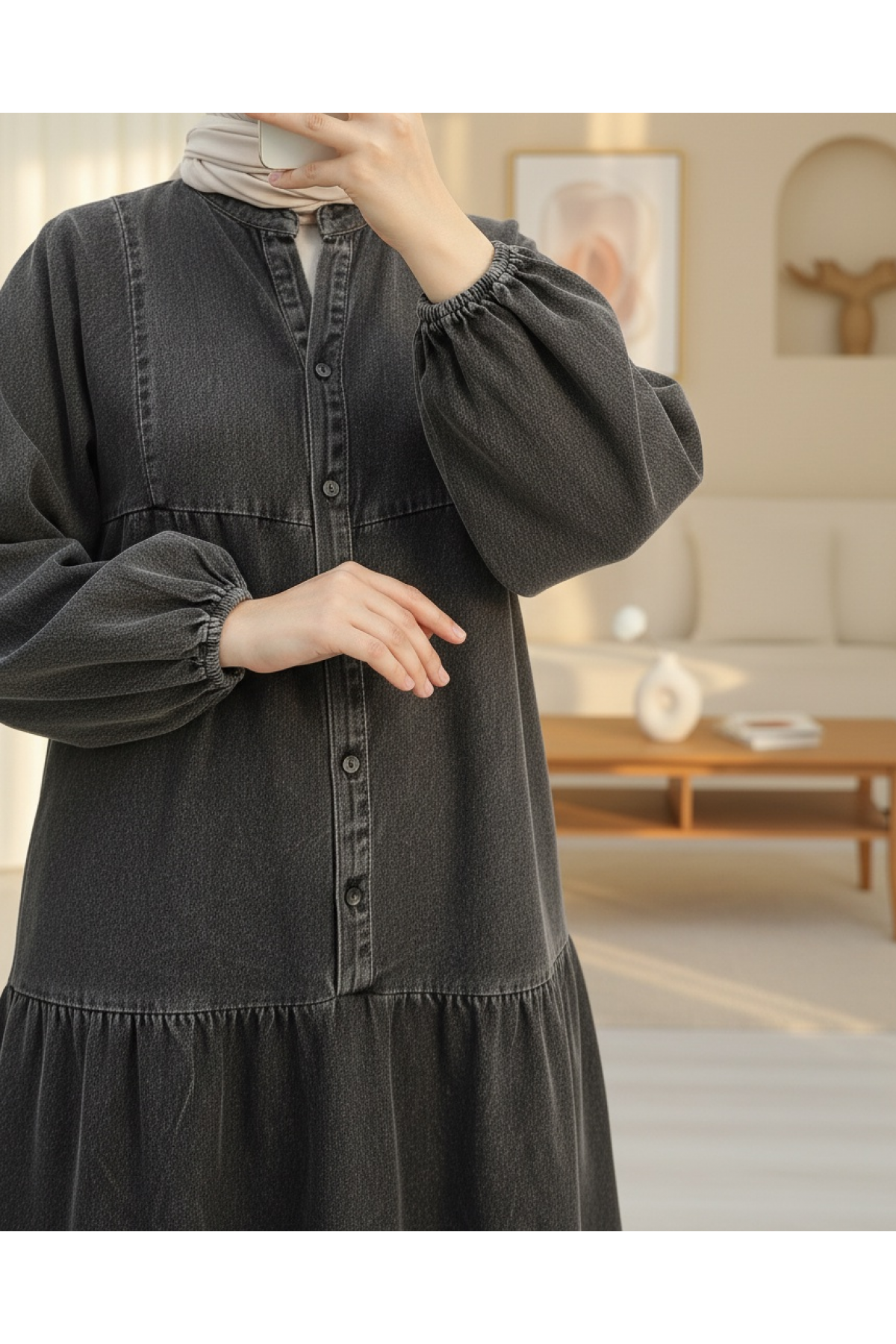 Half-Buttoned Batwing Sleeve Denim Dress with Elastic Sleeves -Smoked 