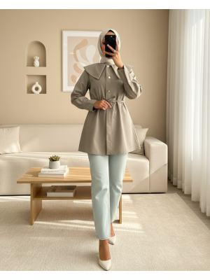 Geniş Yakalı Beli Bağlamalı Bonding Kap -Mint