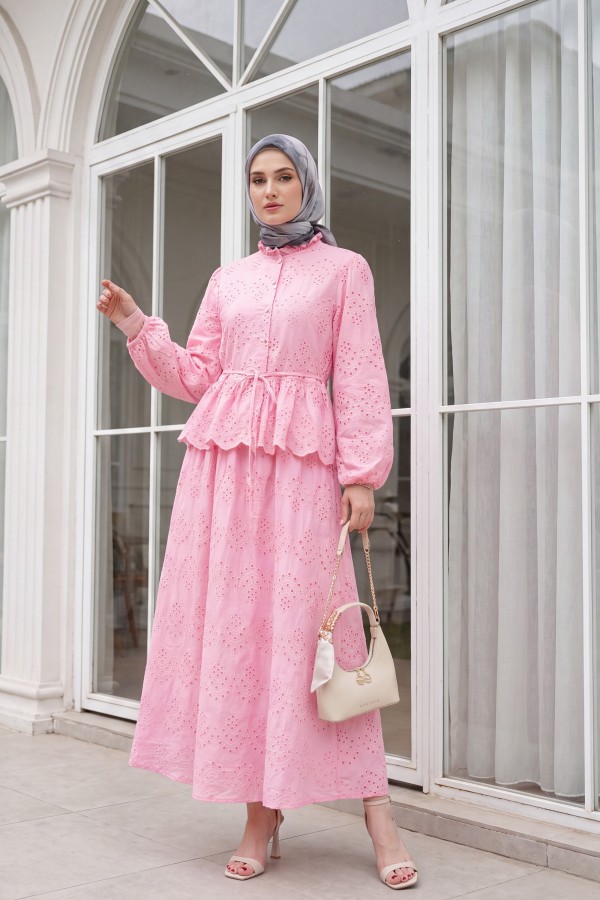 Linen Suit with Elasticated Sleeves, Belt, Lining, Pearl Buttons and Ruffles -Pink