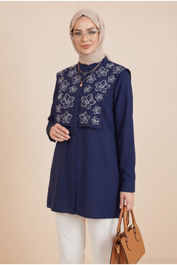 Plastron Detailed Embroidered Poplin Shirt -Navy blue