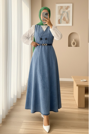 Çift Düğmeli Kemerli Kot Jile -Mavi