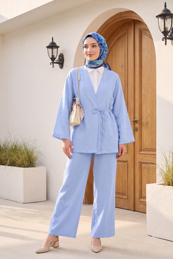 Önden Bağlamalı Pantolonlu Kimono Takım   -Bebe Mavi
