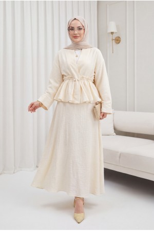Tunnel Lace-Up Pearl Button Skirt Lined Tencel Muslin Set -Ecru
