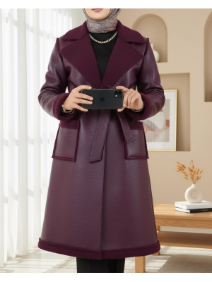 Beli Kemerli Çift Cepli İçi Kürklü Deri Kaban -Mürdüm