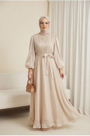 Eteği Volanlı Kemerli Janjan Şifon Elbise  -Bej