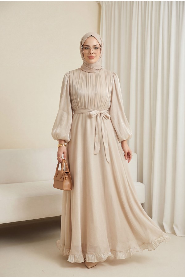 Shimmering Chiffon Dress with Ruffled Skirt and Belt  - Beige