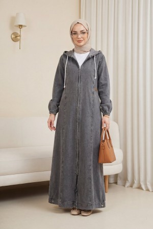 Boydan Fermuarlı Kapşonlu Kolu Lastikli Cepli Kot Kap -Füme