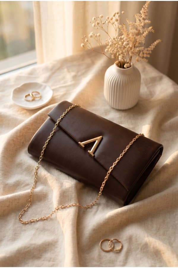 Patent Leather Evening Bag with Geometric Buckle and Thin Chain -Brown