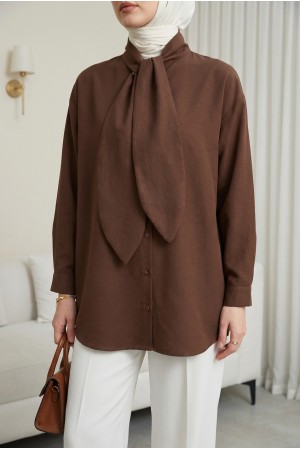 Yakası Bağlamalı Düğmeli Oversize Poplin Gömlek  -Kahve