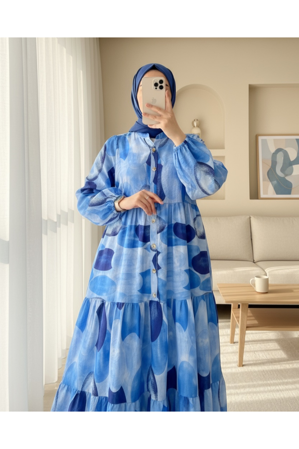 Circle Pattern Half Buttoned Elastic Sleeve Dress -Dark blue