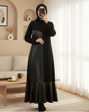 Deri Detaylı Metal Zincirli Elbise -Siyah