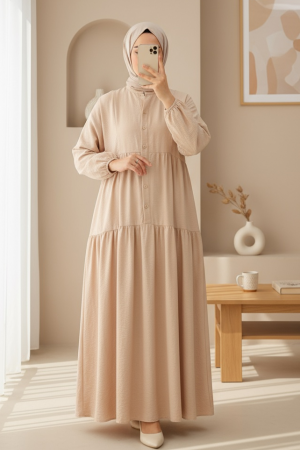 Half-Buttoned Cotton Ayrobin Dress with a Grandad Collar - Beige