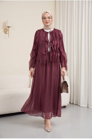 Önü Bağlamalı Fırfırlı Astarlı Asimetrik Kesim Cupra Takım  -Mürdüm