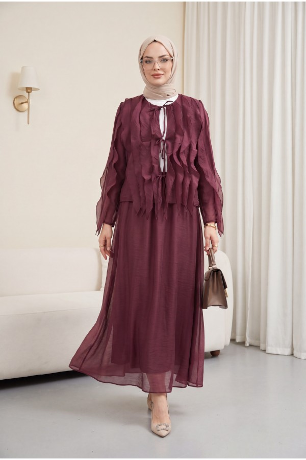 Front-tie ruffled, lined, asymmetrical cut Cupra suit -Damson