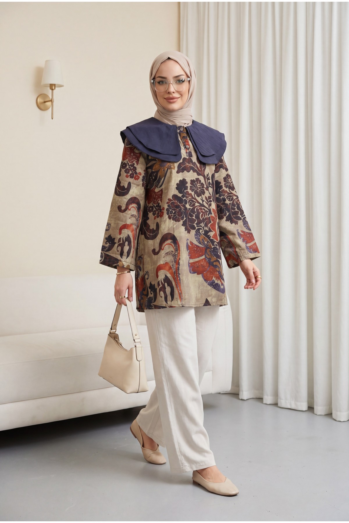 Apron Collar Half Button Slit Quilted Tunic - Beige