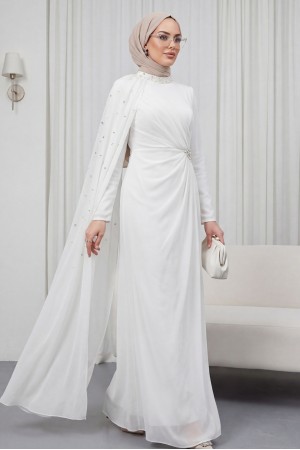 İnci Detaylı Tül Pelerinli Dik Yaka Abiye -Beyaz