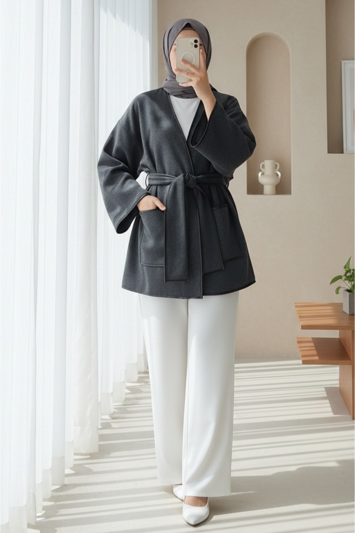 Biye Detaylı Çift Cepli Kuşaklı Kaşe Kimono -Füme
