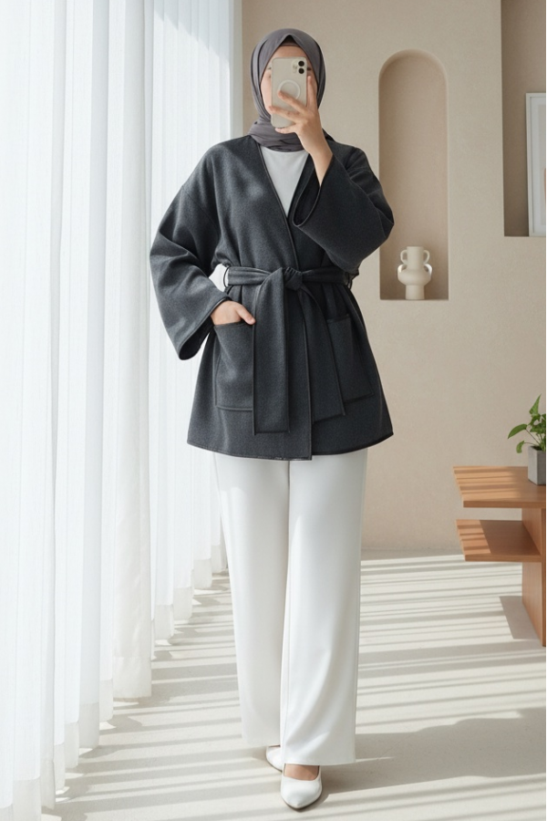 Biye Detaylı Çift Cepli Kuşaklı Kaşe Kimono -Füme