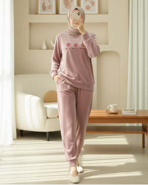 French Velvet Pajama Set with Embossed Text -Dried rose