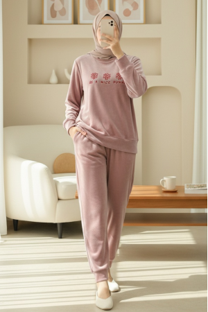 Kabartma Yazılı Fransız Kadife Pijama Takımı -G.Kurusu