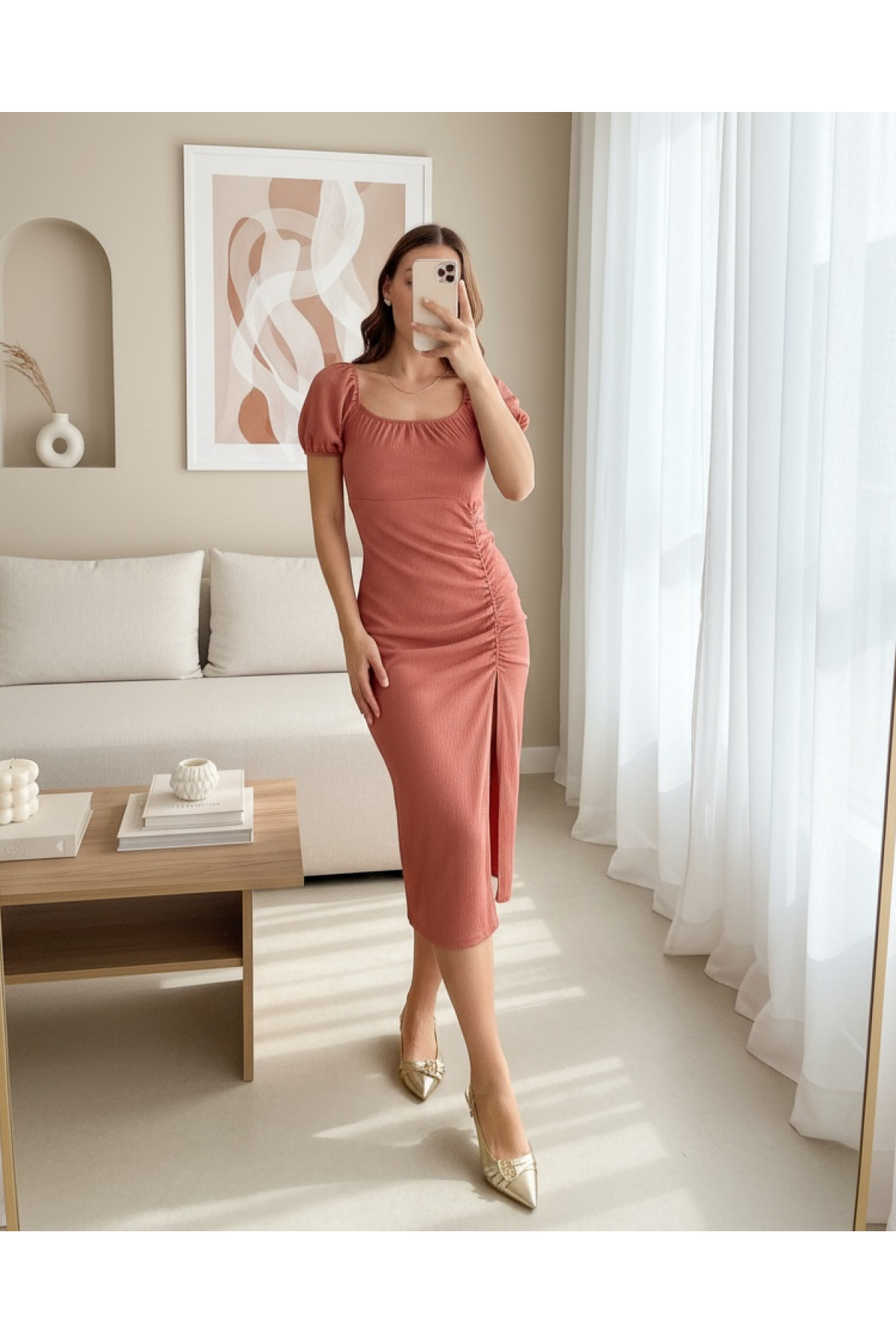 Women's Dusty Rose Slit Summer Knitted Dress 2396