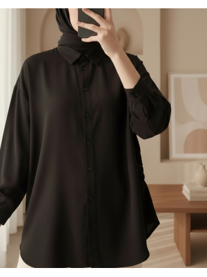 20132 İp Büzgülü Oversize Gömlek - Siyah