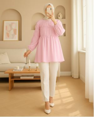Poplin Tunic with Elastic Sleeves and Daisy Detail -Powder