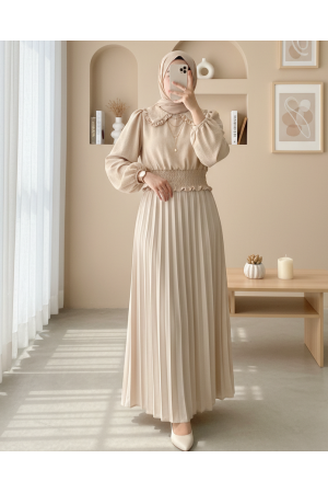 Baby Collar Long Sleeve Blouse with Elastic Waist   - Beige