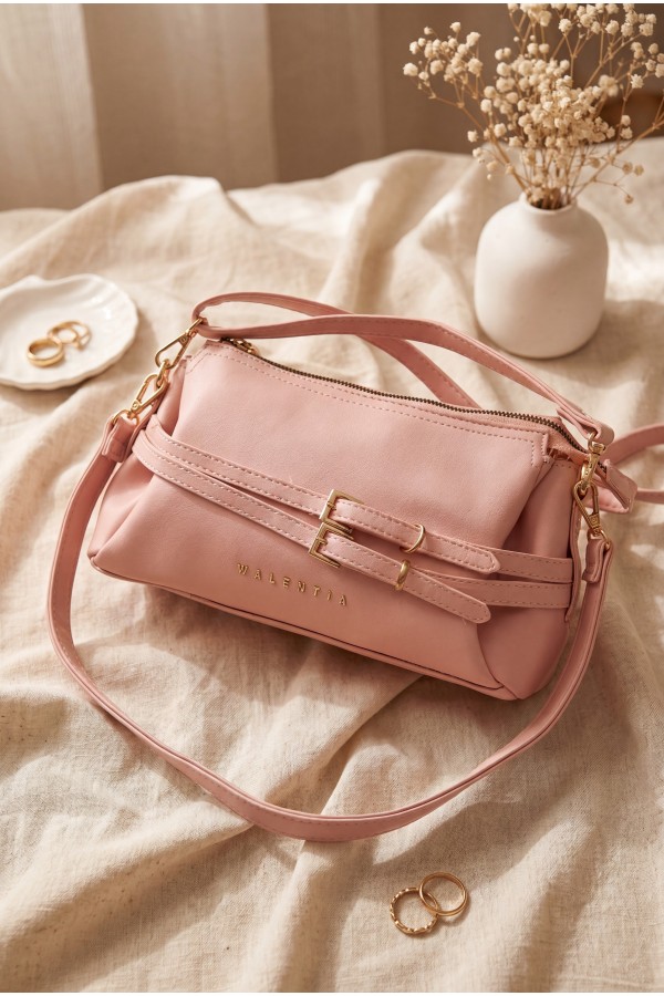 Women's Long-Strap Bag with Front Belt Detail -Powder