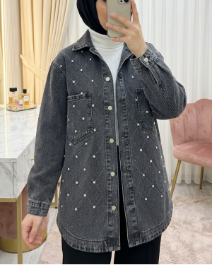 جاكيت جينز بأزرار أمامية مزين بأحجار الراين وجيبين -لون مدخن