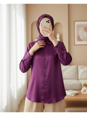 3964 Hafif Dökümlü Saten Gömlek - Y. Mor