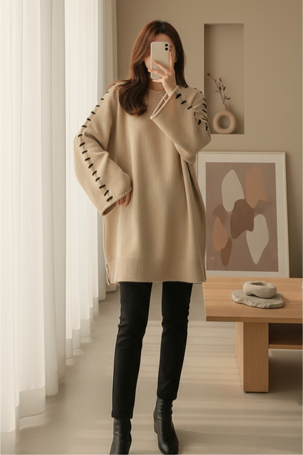 Soft Knit Tunic with Drawstring Sleeves and Stripes -Mink color