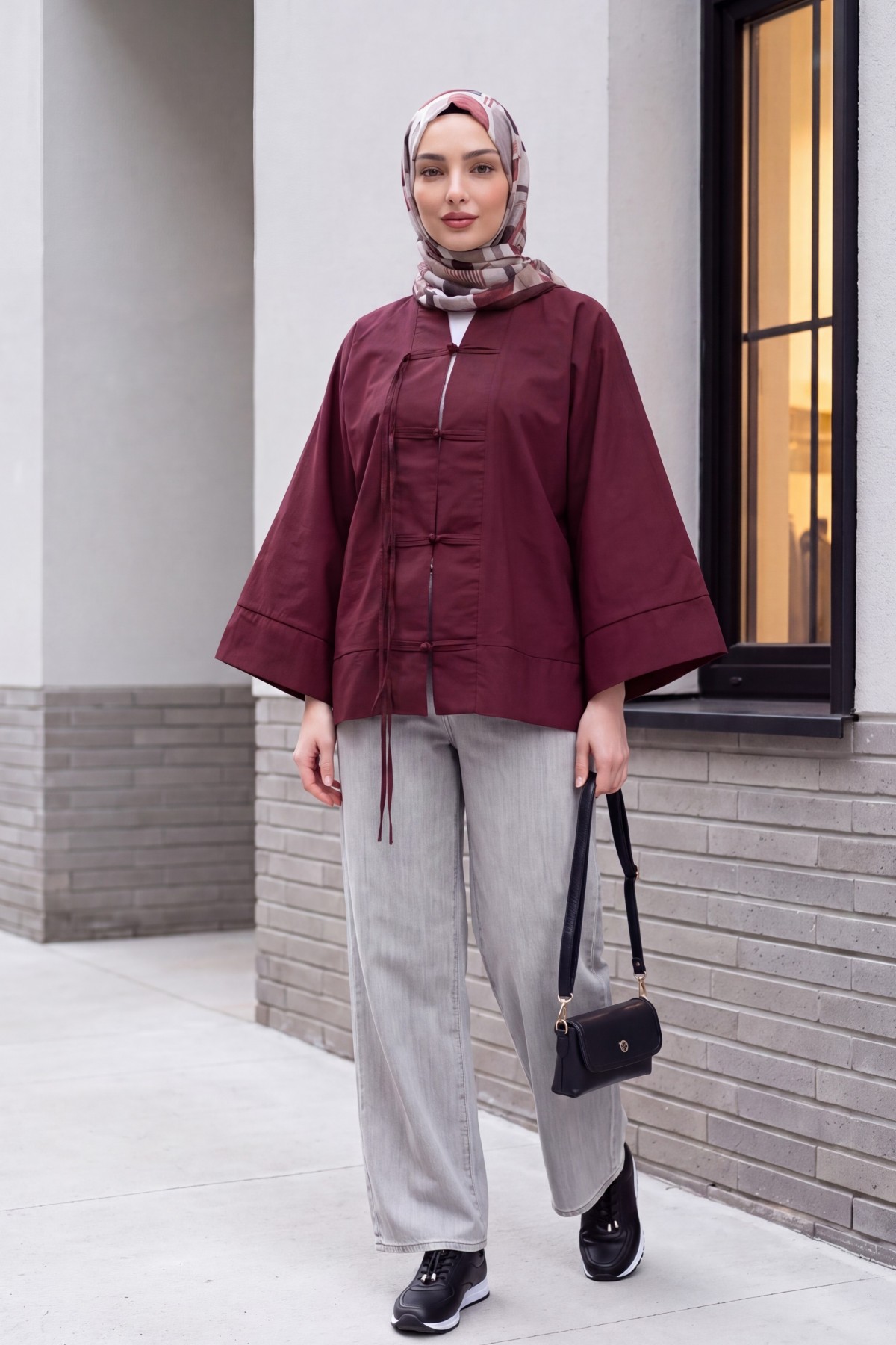 Çin Düğümü Kapamalı Hakim Yaka Paraşüt Kimono -Mürdüm