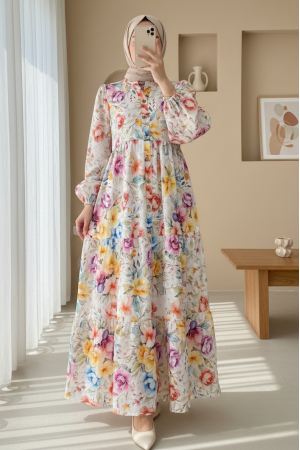 Karışık Çiçek Baskılı Yarım Düğmeli Parçalı Elbise -Krem