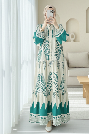 Dik Yaka Yarım Düğmeli Yaprak Desen Elbise -Orman Yş.