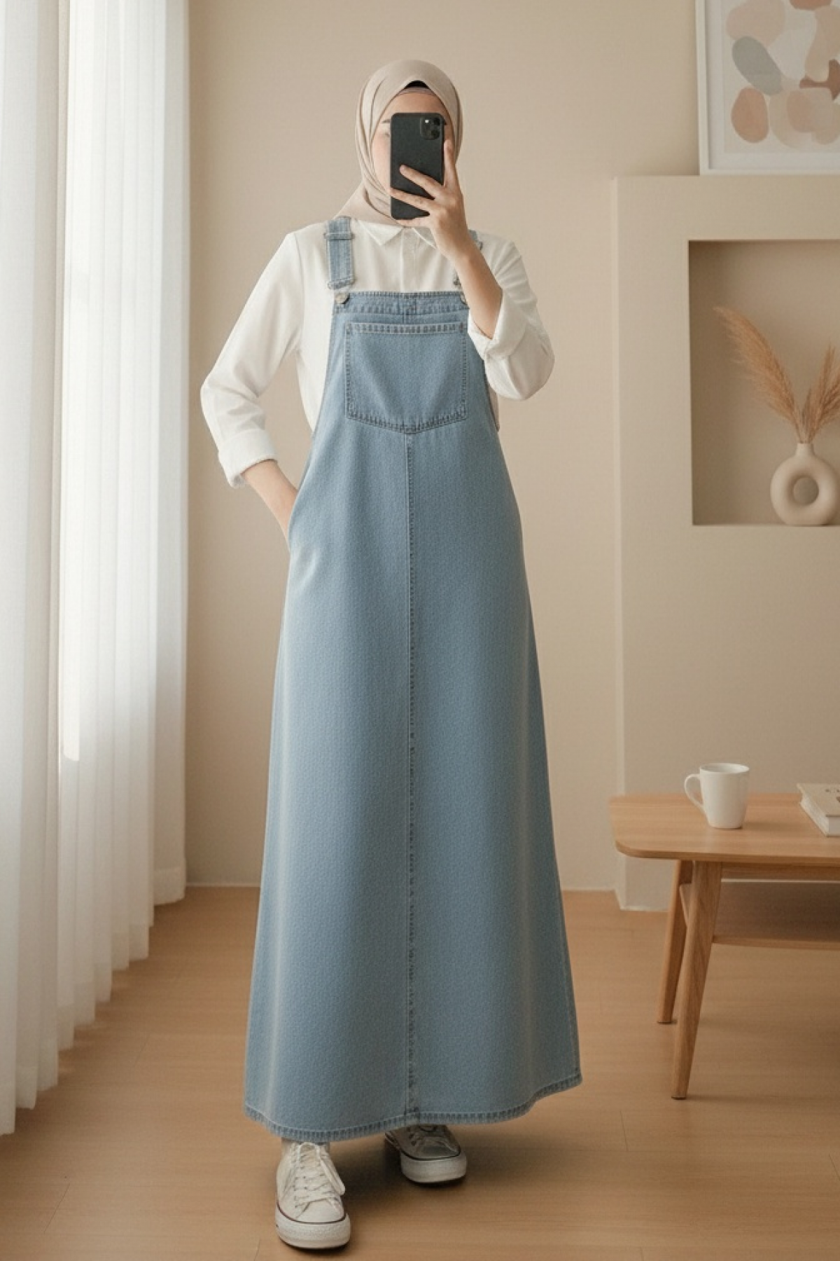 Denim Overalls with Pocket Details and Straps -Ice Blue