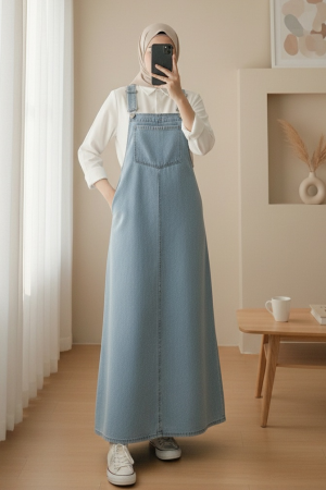 Cep Detaylı Askılı Kot Salopet -Buz Mavi