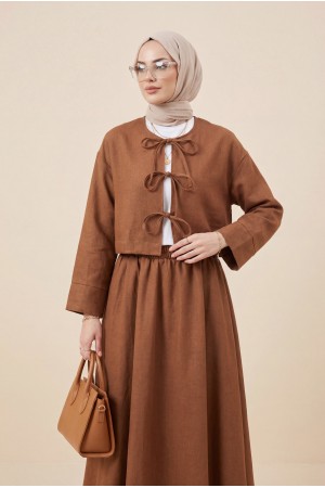 Linen Suit with Elastic Waist and Lace       -Snuff