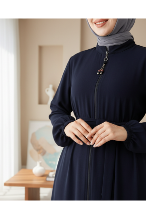 Fermuarlı Kolu Lastikli Beli Kemerli Medine İpeği  Ferace -Laci