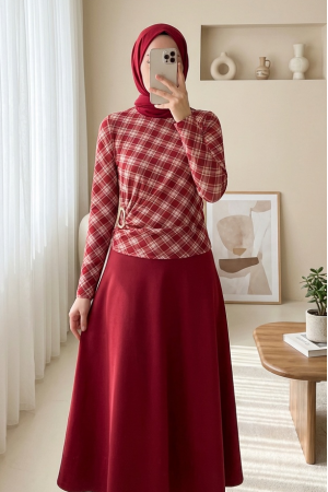 بلوزة كاروهات بإبزيم جانبي -بوردو