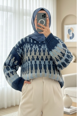 Mixed Patterned Round Neck Knitted Sweater -İndigo